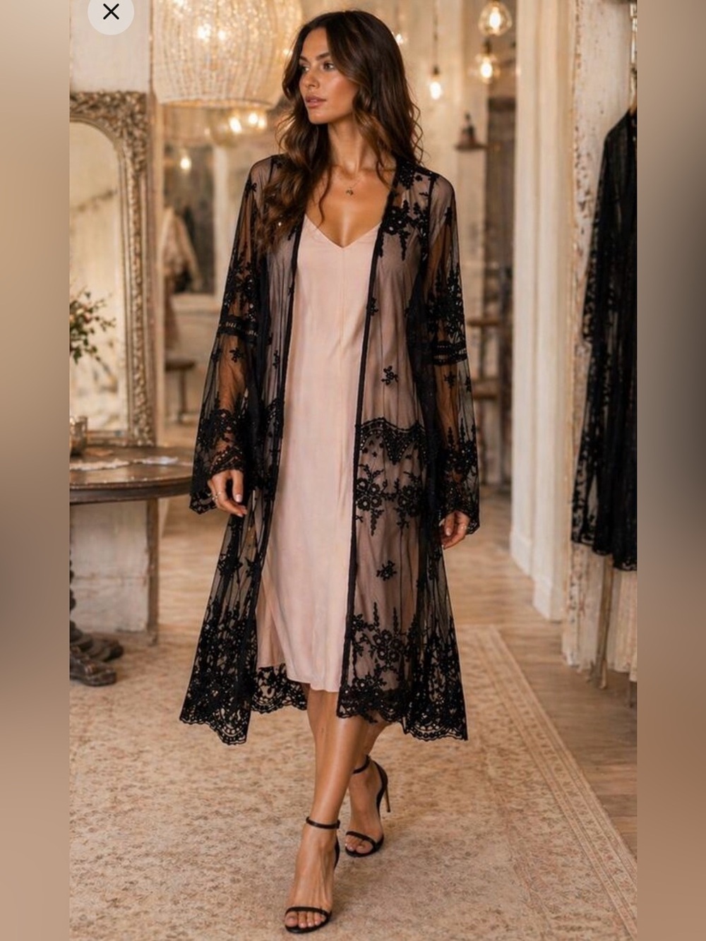 Sheer Black Floral Lace Duster Cardigan